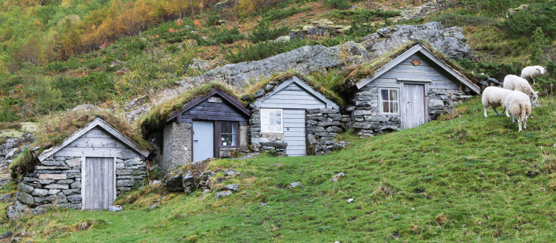 Tradisjonelle hytter med torvtak i Norangsdalen med sauer som beiter