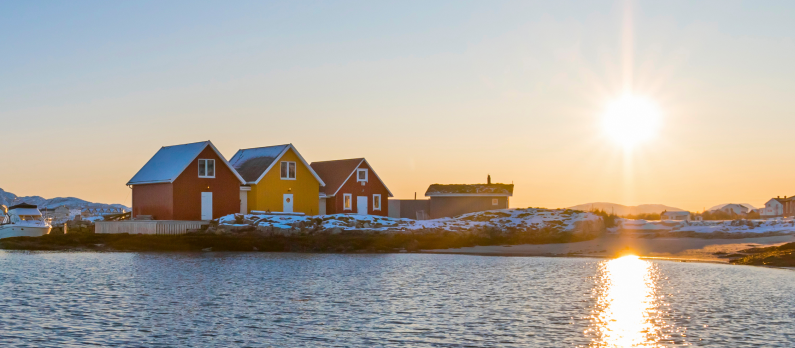 Traditional red and yellow wooden norwegian cabins