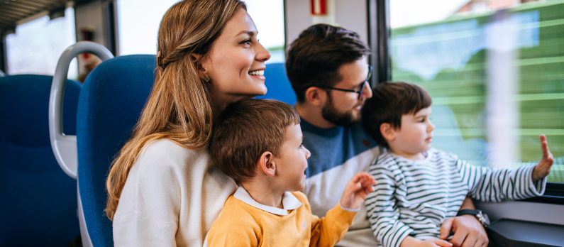 Family travelling by train