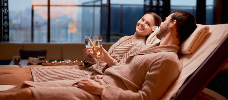 Couple relaxing in a hotel spa 