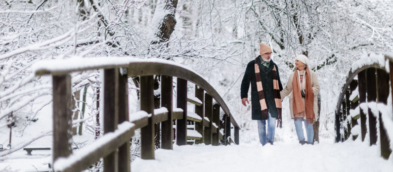 Couple walking across a bridge in the snow